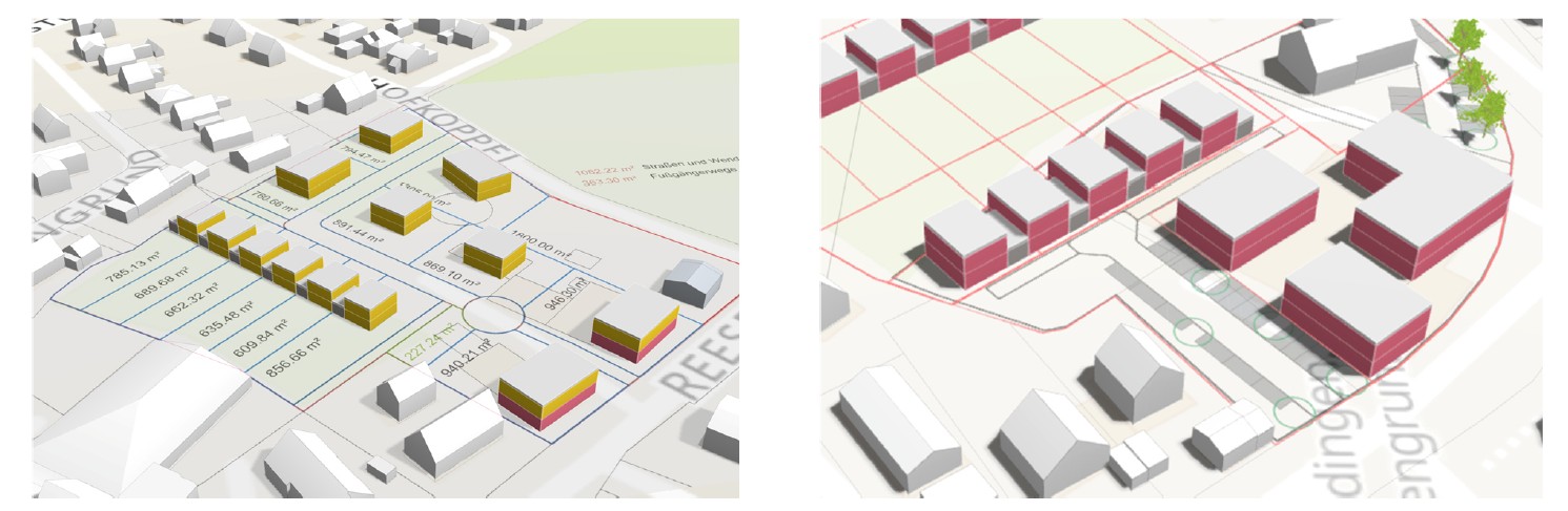 Abbildung 2 und 3: Modell der Fokusvarianten „Hofkoppel“ und „Hemdinger Hof“ (Beispiel 1) (Quelle: Form Follows You – Ansicht in Buildplace, 2023 und 2024)