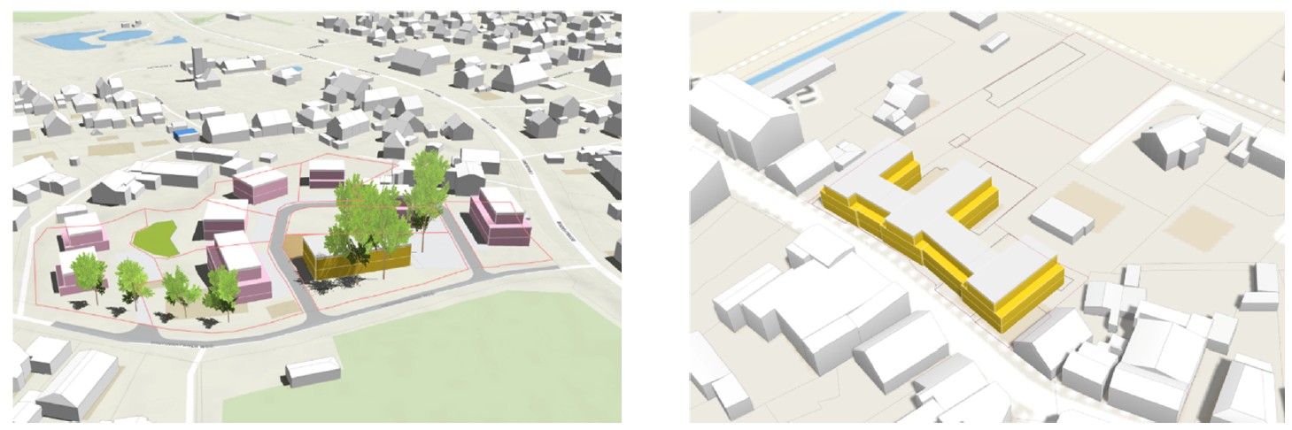 Abbildung 5 und 6: Modell der Fokusvarianten „Wesenberg“ und „Barmstedt“ (Beispiel 3 und Beispiel 4) (Quelle: Form Follows You – Ansicht in Buildplace, 2024)